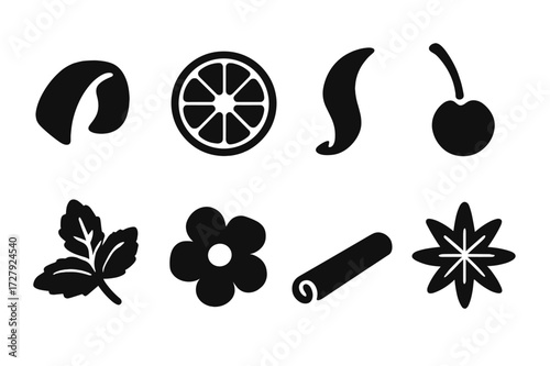 Negroni Garnish Icons. Solid, filled icon set of negroni garnishes: orange twist, orange slice, lemon peel, cocktail cherry, mint sprig, edible flower,