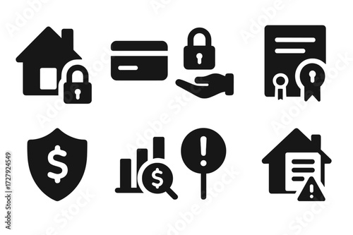 Secured Credit Icons. Solid, filled icon set of secured credit: mortgage, collateral, pledge, guarantee, lien, security interest, asset valuation, foreclosure