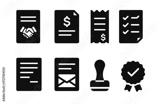 Deal Document Icons. Solid, filled icon set of deal documents: contract, invoice, receipt, checklist, terms and conditions, agreement letter, legal stamp,