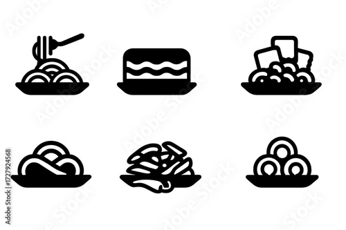 Pasta Dish Icons. Solid, filled icon set of pasta main dishes: spaghetti, lasagna, macaroni and cheese, ravioli, fettuccine Alfredo, penne arrabiata,