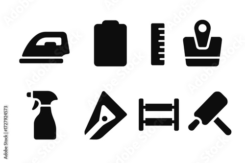 Napkin Folding Tools Icons. Solid, filled icon set of napkin folding tools: flat iron, folding board, measuring ruler, tucking clip, spray bottle, fold guide,