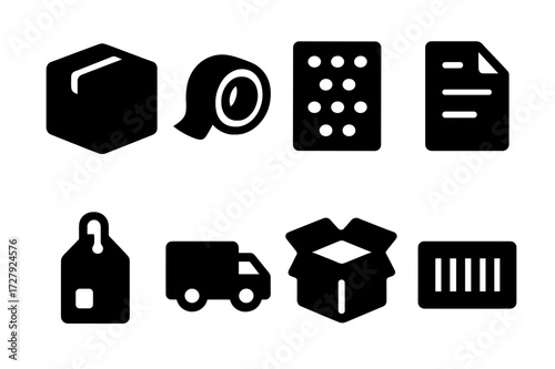 Packing Material Icons. Solid, filled icon set of packing materials: cardboard box, tape roll, bubble wrap, shipping label, parcel tag, delivery truck, open