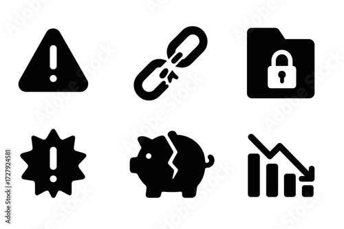 Borrower Risk Icons. Solid, filled icon set of borrower risk: caution symbol, broken chain, warning sign, locked file, alert badge, cracked piggy bank, stop