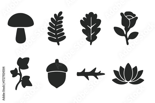 Folklore Plant Icons. Solid, filled icon set of folklore plants and herbs: mushroom, fern, oak leaf, rose, ivy, acorn, thorn branch, lotus flower. Solid,