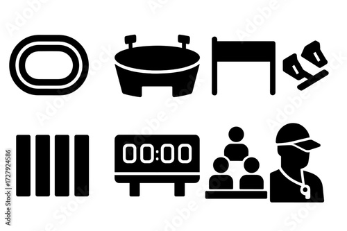 Sprint Race Icons. Solid, filled icon set of sprint race environment: running track, stadium, finish line, starting blocks, lane markers, scoreboard, spectator