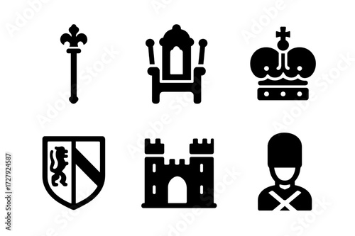 Ruling Dynasty Icons. Solid, filled icon set of ruling dynasty: scepter, crown jewels, throne room, royal crown, family crest, ancient scroll, historic castle,