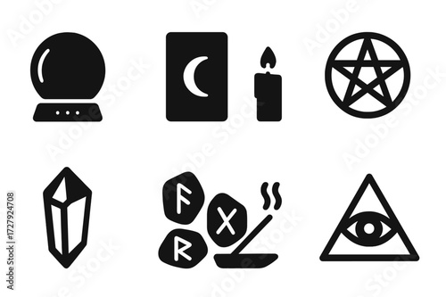 Mystical Icon Set. Solid, filled icon set of mystical objects: crystal ball, tarot card, candle, pentagram, crystal, runes, incense, eye of providence. [Line