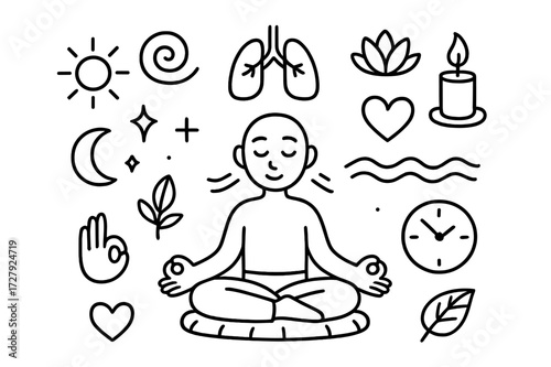 Meditative Doodle Elements. Hand-drawn doodle illustration Breathing and silence person cross-legged, lungs symbol, spiral, lotus flower, candle, heart,