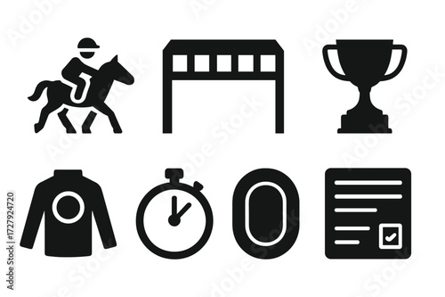 Horse Racing Icons. Solid, filled icon set of horse racing: jockey, starting gate, finish line, trophy, racing silks, stopwatch, track, betting slip. Solid,