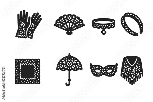 Lace Accessories Icons. Solid, filled icon set of lace accessories: lace gloves, lace fan, lace choker, lace headband, lace handkerchief, lace parasol, lace