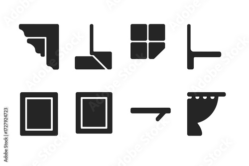 Corner Detail Icons. Solid, filled icon set of corner details: molding corner, baseboard corner, tile corner, countertop corner, mirror corner, frame corner,