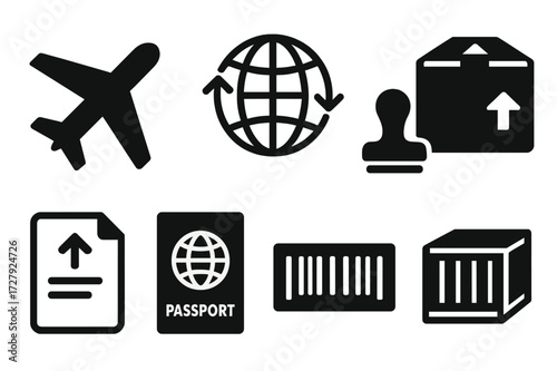 International Shipping Icons. Solid, filled icon set of international shipping: cargo plane, globe with arrows, customs stamp, delivery box, shipping label,
