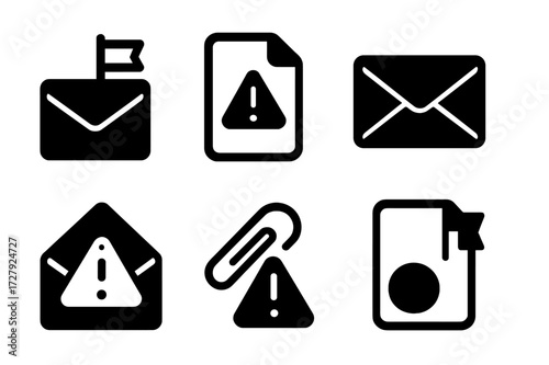 Notification Icon Set. Solid, filled icon set of notification letter: envelope with flag, document with exclamation, clipboard with warning, sealed letter,