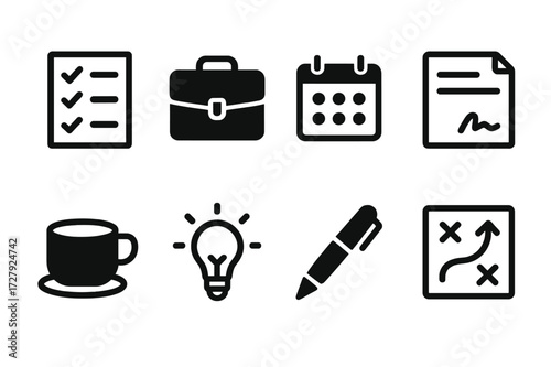 Negotiation Prep Icons. Solid, filled icon set of negotiation preparation: checklist, briefcase, calendar, contract draft, coffee cup, lightbulb idea, pen,