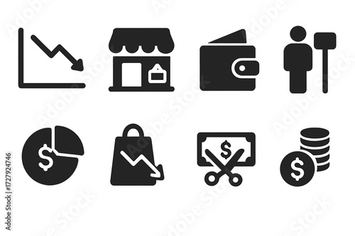 Economic Downturn Icons. Solid, filled icon set of economic downturn indicators: falling graph, closed shop, empty wallet, unemployment, bankruptcy, reduced
