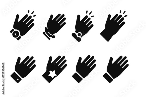 Clapping Hand Accessories Icons. Solid, filled icon set of clapping hand accessories: wristwatch, bracelet, ring, glove, sleeve cuff, tattoo, nail polish,