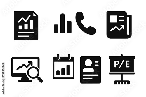 Stock Market Icons. Solid, filled icon set of stock market research: financial report, earnings call, analyst rating, news feed, stock screener, economic
