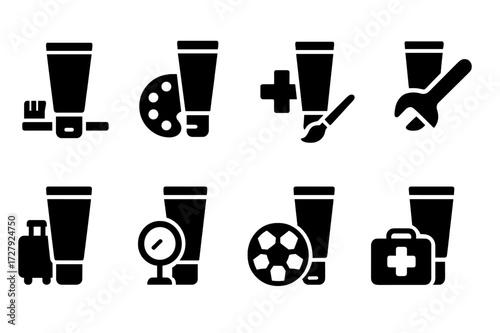Versatile Tubes Icon Set. Solid, filled icon set of tube usage occasions: daily care, art projects, medical treatment, DIY repair, travel essentials, beauty