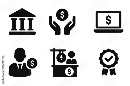 Lending Icons Grid. Solid, filled icon set of lending institutions: bank building, credit union, microfinance icon, online lender, loan officer, pawn shop,