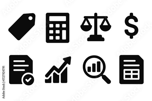 Asset Valuation Icons. Solid, filled icon set of asset valuation: price tag, calculator, balance scale, dollar sign, appraisal document, growth arrow, market
