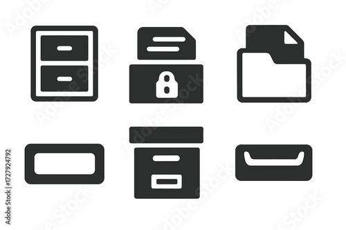 Paperwork Storage Icons. Solid, filled icon set of paperwork storage: filing cabinet, locked drawer, document stack, file folder, label sticker, archive box,