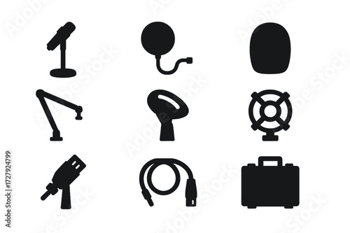 Microphone Accessories Icons. Solid, filled icon set of microphone accessories: mic stand, pop filter, windscreen, shock mount, boom arm, XLR cable, mic clip,