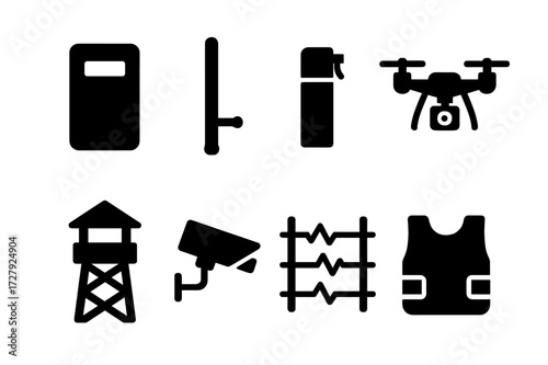 Guardian Equipment Icons. Solid, filled icon set of guardian equipment: riot shield, baton, pepper spray, surveillance drone, security camera, guard tower,