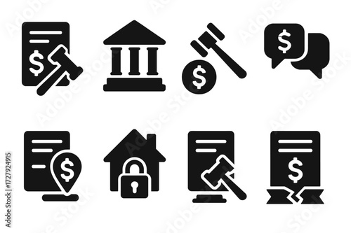 Legal Matters Icons. Solid, filled icon set of unpaid legal matters: lawsuit, court order, judgment, arbitration, lien, seizure, contract
