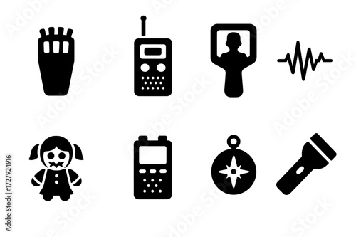 Paranormal Investigation Icons. Solid, filled icon set of paranormal investigation: EMF detector, spirit box, thermal camera, EVP wave, haunted doll, digital