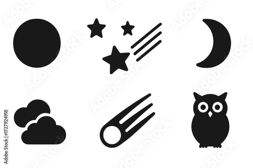Night Sky Icons. Solid, filled icon set of night sky elements: moon, stars, shooting star, crescent moon, full moon, clouds, comet, night owl. Solid, filled