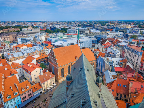 Riga old town. Aerial drone view. Panoramic view of Latvia capital city center