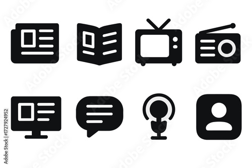 Press Media Icons. Solid, filled icon set of press media types: newspaper, magazine, TV, radio, online news, blog, podcast, social media. [Line icons in only
