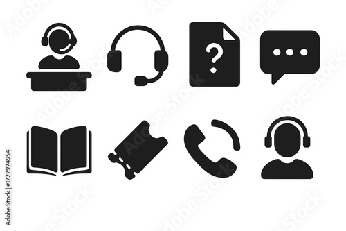 Client Support Icons. Solid, filled icon set of client support: help desk, headset, FAQ document, live chat, knowledge base, ticket system, callback request,