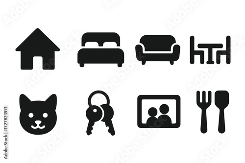 Couple's Household Icons. Solid, filled icon set of couple household items: home, shared bed, couch, dining table, pet, shared keys, photo frame, kitchen