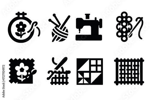 Lace Craft Icons. Solid, filled icon set of lace-related crafts: embroidery, knitting, sewing, tatting, applique, crochet, quilting, weaving. Solid, filled