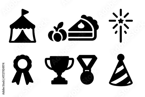 Harvest Celebration Icons. Solid, filled icon set of harvest celebration: festival tent, cornucopia, pumpkin pie, firework, ribbon, trophy, medal, party hat.