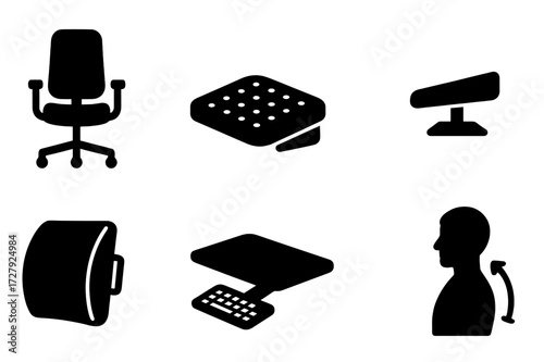 Desk Ergonomics Icons. Solid, filled icon set of online banking finance: savings account, checking account, credit card, loan, investment, mortgage, insurance,