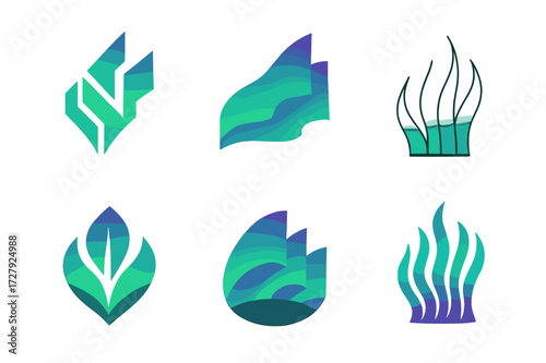 Aurora Logo Variations. cosmic events. Set Logo of cosmic events: aurora lights. harmonious logo variations of the same emblematic concept, each with different