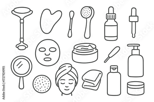 Skincare Tools Doodle. Hand-drawn doodle illustration [Skincare tools and products] jade roller, gua sha, cleansing brush, serum bottle, face mask sheet,