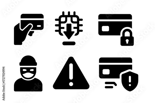 Credit Card Fraud Icons. Solid, filled icon set of credit card fraud: stolen card, fake chip, broken lock, suspicious transaction, masked thief, red alert,