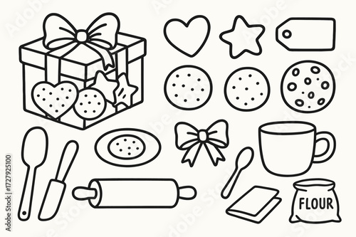 Cookie Gift Doodle. Hand-drawn doodle illustration Cookie gift box [cookie box, ribbon, heart cookie, star cookie, round cookie, chocolate chip cookie, tag,