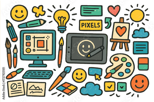 Creative Digital Playground. Concept art. Colorful Hand-drawn doodle Children illustration Computer, tablet, stylus, brushes, color palette, monitor, layers,