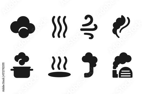 Steam Symbol Icon Set. Solid, filled icon set of steam symbols: steam clouds, heat waves, steam swirl, vapor trail, boiling pot, hot spring, steam pipe,