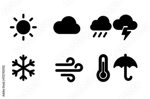 Weather Icons Set. Solid, filled icon set of weather forecast: sun, cloud, rain, thunderstorm, snowflake, wind, thermometer, umbrella. [Solid, filled icons in
