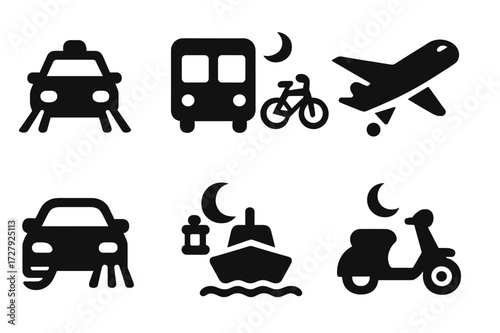 Wallpaper Mural Night Transport Icons. Solid, filled icon set of night transportation: taxi with headlights, moonlit bicycle, night bus, airplane with lights, train at night, Torontodigital.ca