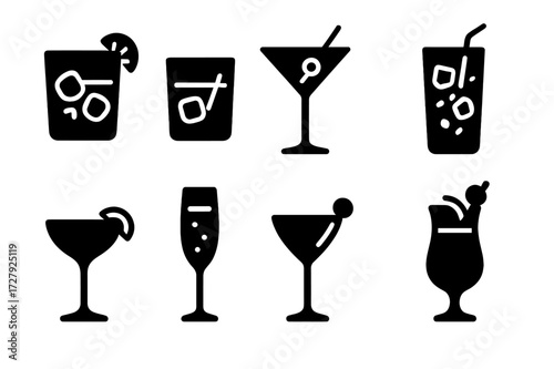 Gin Cocktails Icon Set. Solid, filled icon set of gin cocktails: gin and tonic, negroni, martini, tom collins, gimlet, French , last word, Singapore sling.