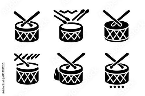 Drumroll Icons Grid. Solid, filled icon set of drumroll types: single stroke roll, double stroke roll, buzz roll, press roll, triple stroke roll, double