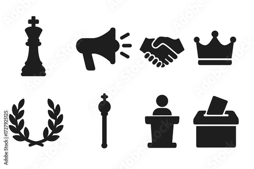 Icons of Authority. Solid, filled icon set of oligarch power and influence: chess king, megaphone, handshake, crown, laurel wreath, scepter, podium, ballot