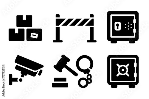 Seized Goods Icons. Solid, filled icon set of seized goods: confiscated packages, police tape, locked safe, auction hammer, security camera, handcuffs,