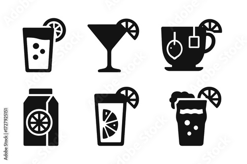 Lime Beverage Icons. Solid, filled icon set of lime in beverages: lime soda, lime cocktail, lime tea, lime water, lime juice carton, lime smoothie, lime beer,